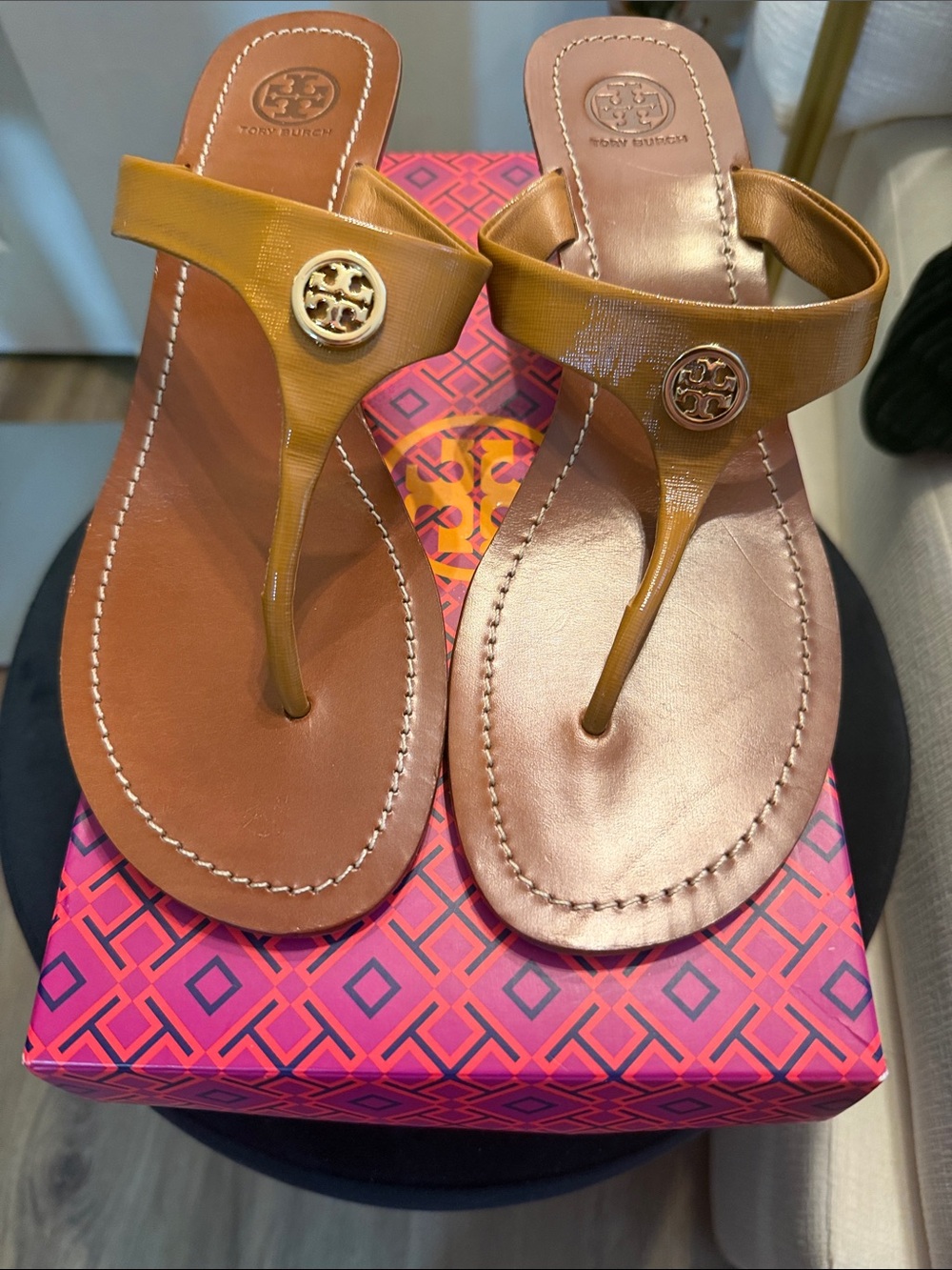 Tory Burch Cognac Leather Thong Sandals with Tan Patent Straps